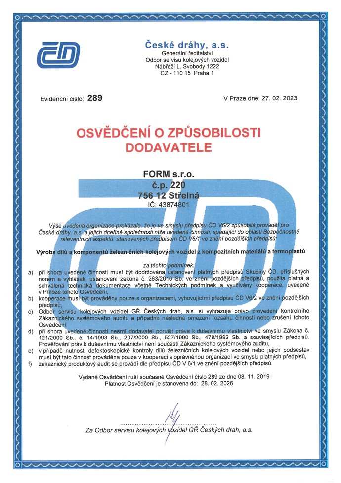 Certificat des Chemins de fer tchèques (ČD)